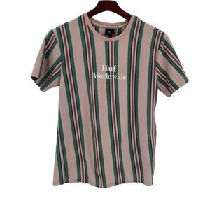 HUF Worldwide vertical striped tee Mens M pink green maroon
